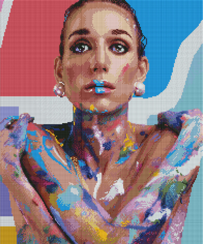 A colorful diamond painting kit depicting a portrait with abstract elements in blues, pinks, and purples.