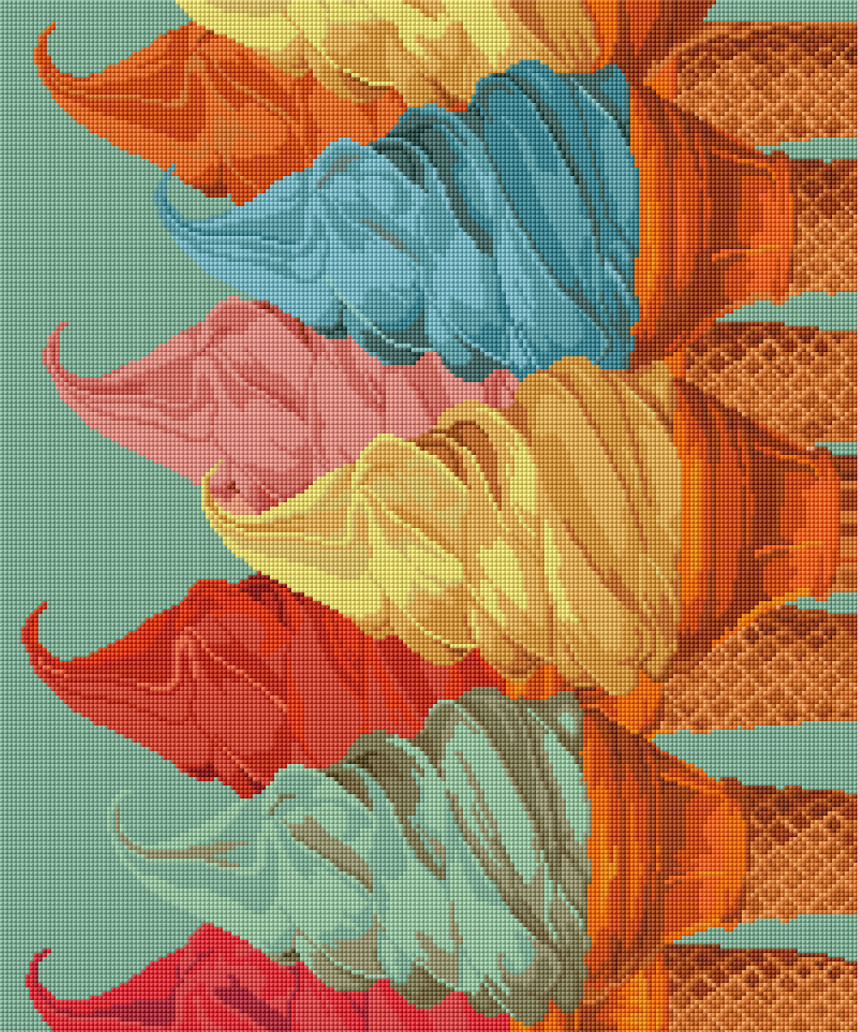 A colorful diamond painting kit with a pistachio green background and multiple ice cream cone shapes filled with various colors.