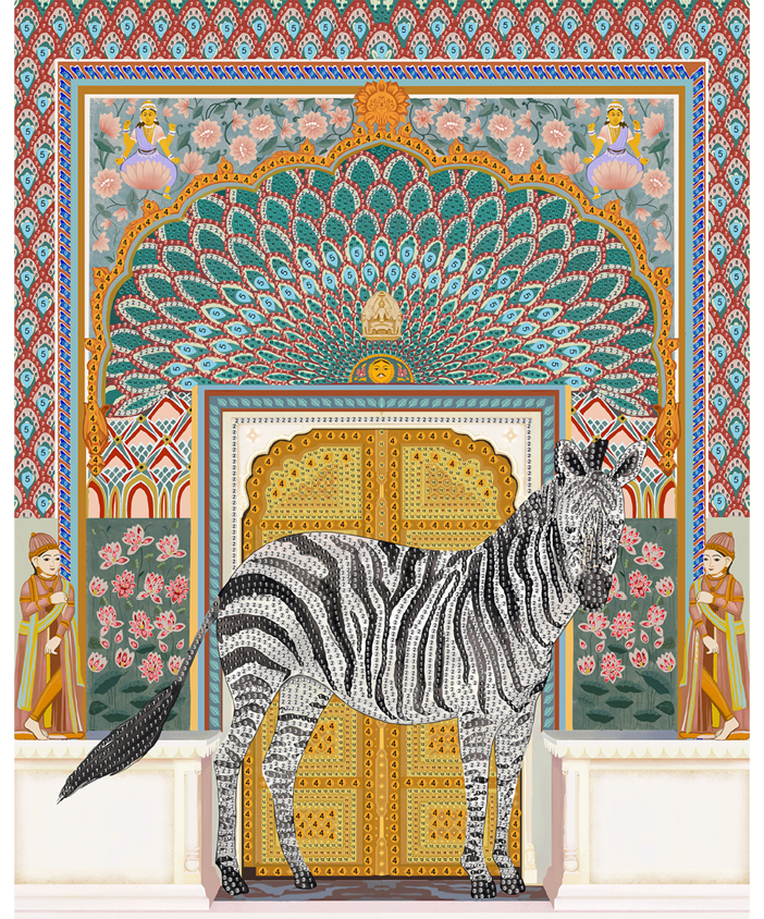 A diamond painting kit featuring a zebra in front of an illustrated backdrop of Jaipur's fort with intricate patterns and colors.