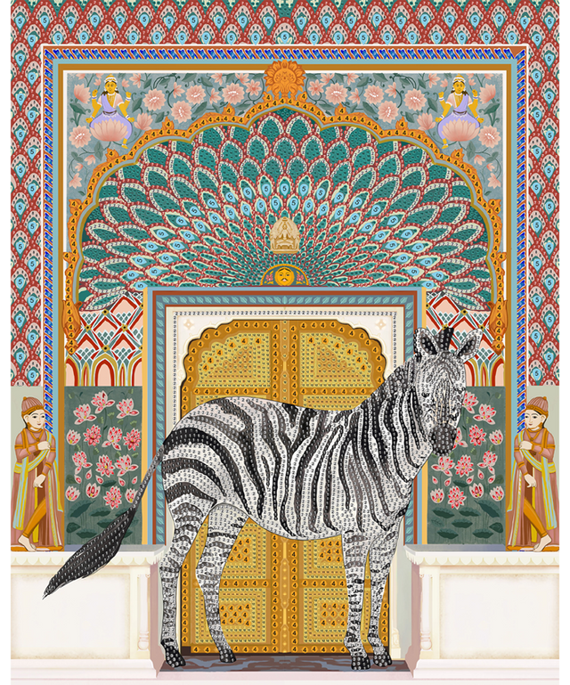 A diamond painting kit featuring a zebra in front of an illustrated backdrop of Jaipur's fort with intricate patterns and colors.