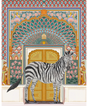 A diamond painting kit featuring a zebra in front of an illustrated backdrop of Jaipur's fort with intricate patterns and colors.